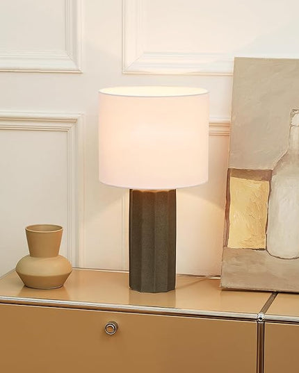 Globe Electric 61000061 20" Ribbed Ceramic Table Lamp, Dark Gray Concrete Finish, White Linen Shade, On/Off Rotary Switch on Socket, for Living Room, Bedroom, Office, Home Décor - LeafyLoom