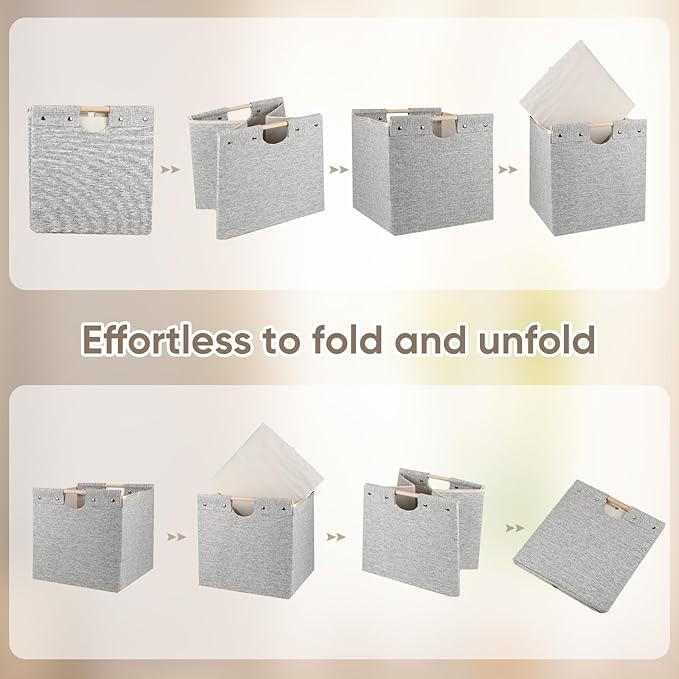 13x13x13 Inches Collapsible Storage Cubes, 4 Pack Fabric Bins with Wooden Handles for Kallax Shelves, Closet, Cabinet, Bookcase, Home Organizer Boxes for Decor and Laundry (Beige) - LeafyLoom