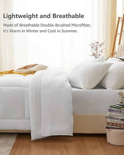 CozyLux Full Size Comforter Sets - 7 Pieces Bed in a Bag Set White, Bedding Sets Full with All Season Quilted Comforter, Flat Sheet, Fitted Sheet, Pillowcases, White, Full - LeafyLoom