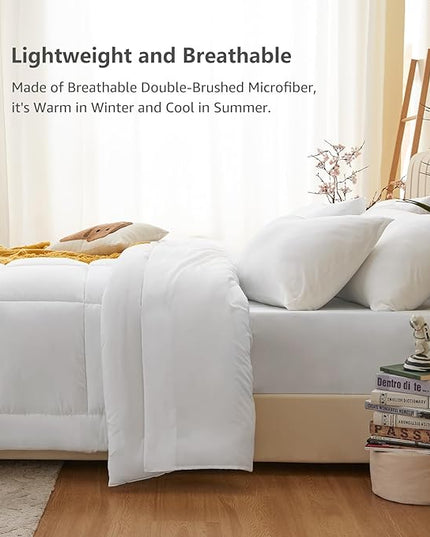 CozyLux Queen Comforter Set - 7 Pieces Bed in a Bag Set White, Bedding Sets Queen with All Season Quilted Comforter, Flat Sheet, Fitted Sheet, Pillowcases, White, Queen - LeafyLoom