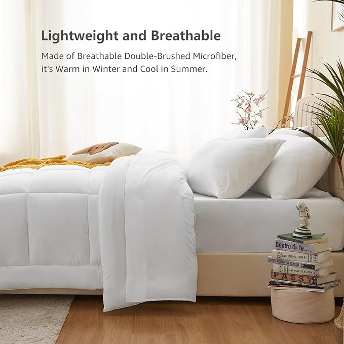 CozyLux Queen Comforter Set - 7 Pieces Bed in a Bag Set White, Bedding Sets Queen with All Season Quilted Comforter, Flat Sheet, Fitted Sheet, Pillowcases, White, Queen - LeafyLoom