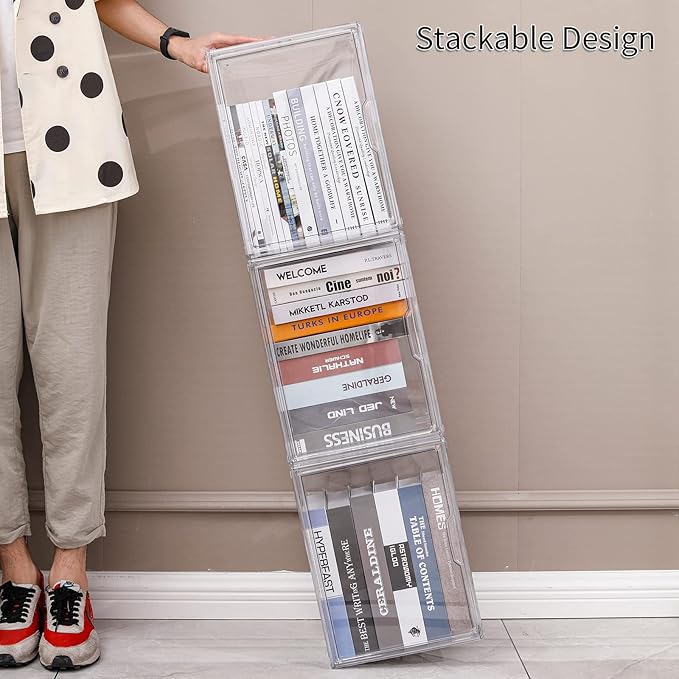 FABROK 2Pcs Clear Book Storage Organizer Box, Plastic Stackable Book Display Case with Magnetic Door, Assemble Storage Showcase for Toy Dolls, Books, Shoes Organizing - LeafyLoom