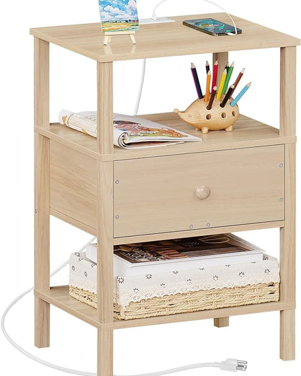 Lerliuo Nightstand with Charging Station and USB Ports, 3-Tier Storage End Table with Drawer Shelf, Night Stand for Small Spaces, Wood Bedside Table for Living Room, Bedroom - Natural - LeafyLoom