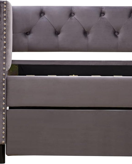 Full Size Velvet Upholstered Daybed with Trundle, Solid Wood Sofa Bed w/Button Tufted Backrest, for Living Room, Bedroom, Dorm, No Box Spring Needed, Space-Saving Design, Grey - LeafyLoom