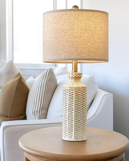 24.75'' Farmhouse Cream-White Ceramic Single Table Lamp for Bedroom Living Room Vintage Traditional Rustic Modern Nightstand Bedside Lamps - LeafyLoom