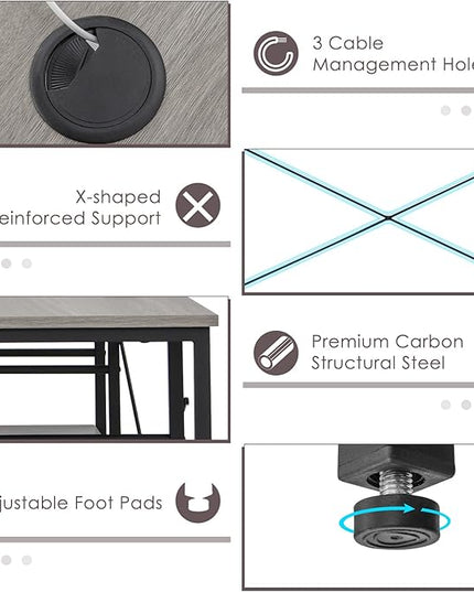 L-Shaped Home Office Desk, Corner Computer Desk w/Monitor Stand, Reversible PC Desk w/Heavy-Duty Metal Frame, Long Office Desk for 2 Person, Space-Saving Design (Grey) - LeafyLoom