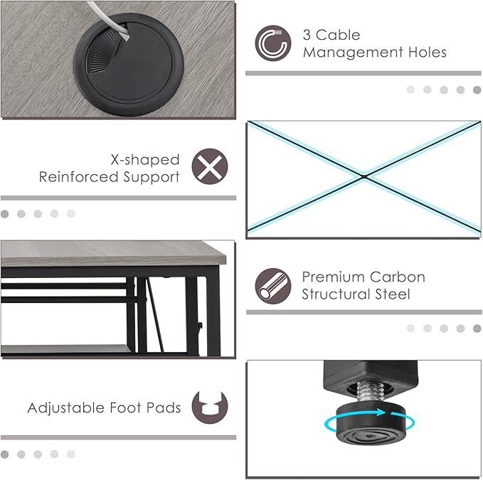 L-Shaped Home Office Desk, Corner Computer Desk w/Monitor Stand, Reversible PC Desk w/Heavy-Duty Metal Frame, Long Office Desk for 2 Person, Space-Saving Design (Grey) - LeafyLoom