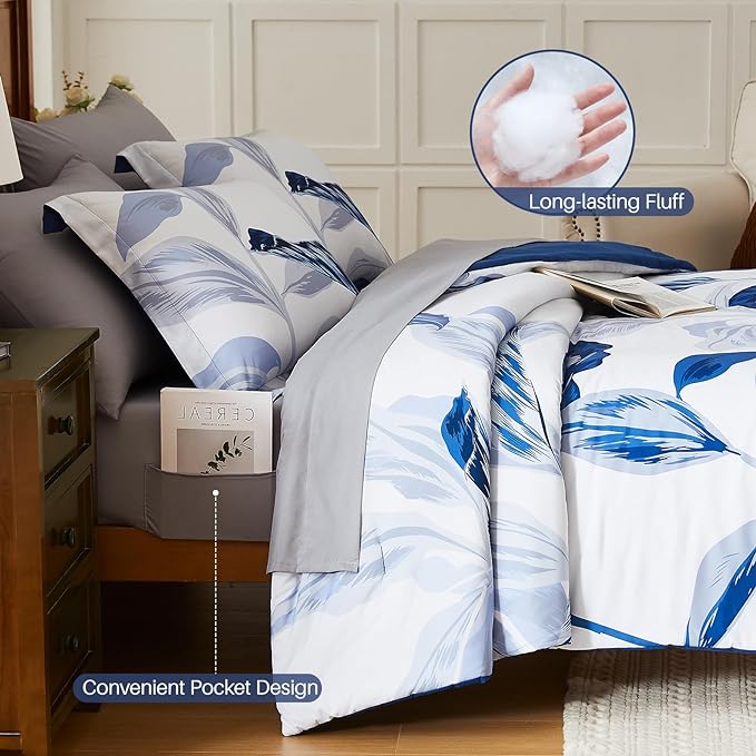 WRENSONGE Queen Comforter Set, 7 Pieces Blue Floral Comforter Set with Sheets for Queen Size Bed, Leaf Pattern Queen Bedding Set, Soft Lightweight Breathable Microfiber Bed in a Bag for All Seasons - LeafyLoom