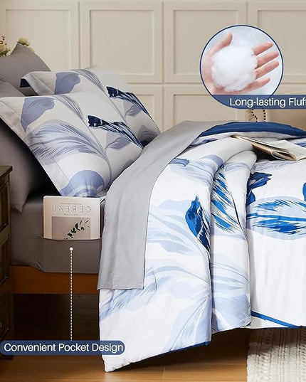 WRENSONGE King Size Comforter Set, 7 Pieces Blue Floral Comforter Set with Sheets for King Size Bed, Leaf Pattern King Bedding Set, Soft Breathable Microfiber Bed in a Bag King for All Seasons - LeafyLoom