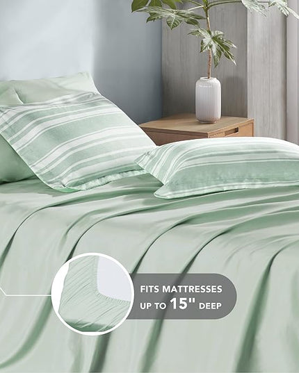 Codi Full Size Comforter Set with Sheets, Sage Green Bed in a Bag for Teen, 7 Piece Striped Bed Sets for All Seasons with 1 Comforter, 2 Pillow Shams, Flat Sheet, Fitted Sheet and 2 Pillowcases - LeafyLoom