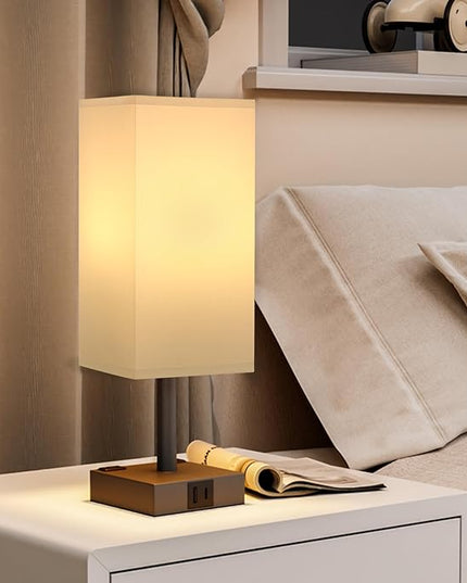 Touch Bedside Table Lamp For Nightstand - 3-Way Dimmable Night Lamp with USB A + Type C Charging Ports and two AC Outlets, Small Desk Light with E26 LED Bulb for Bedroom Living Room ,WHITE BLACK - LeafyLoom