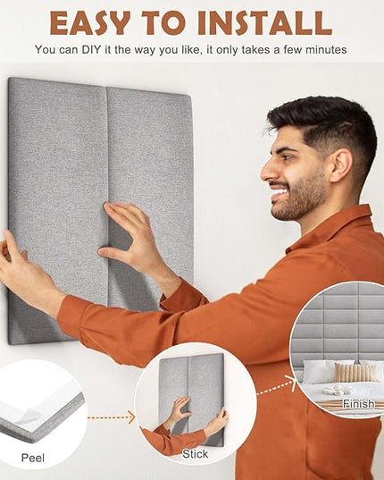 Upholstered Wall Mounted Headboard, 3D Soundproof Wall Panels Peel and Stick Headboard for King Size, Reusable and Removable Tufted Bed Headboard in Medium Grey(12 Panels, 10" x 24") - LeafyLoom