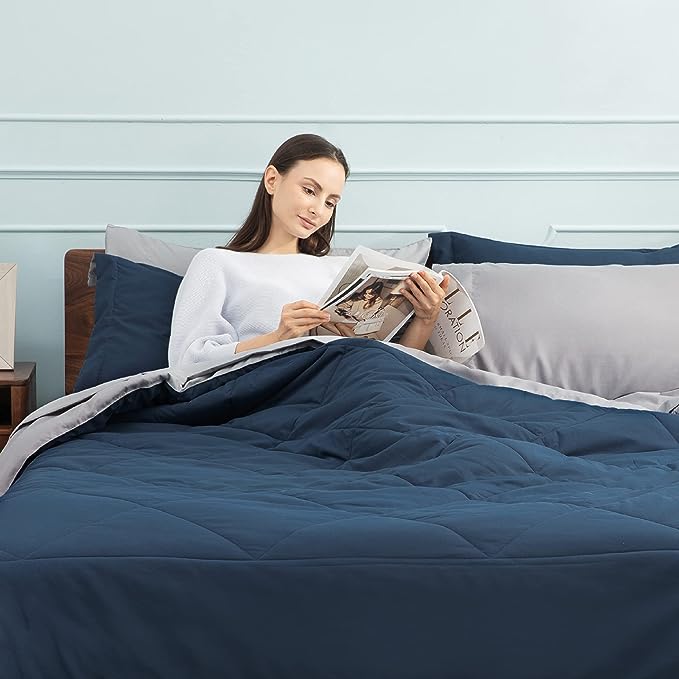 Bedsure Navy Bedding Set Queen - 7 Pieces Reversible Bed Sets in a Bag with Comforters, Sheets, Pillowcases & Shams, Comforter - LeafyLoom