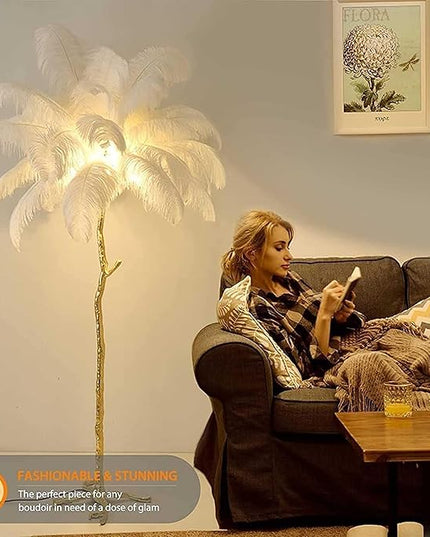 Ostrich Feather Floor Lamp Modern Ostrich Feather LED feather lamp floor Lamp Dimmable Standing feather floor lamp for Living Room Bedroom（White） - LeafyLoom