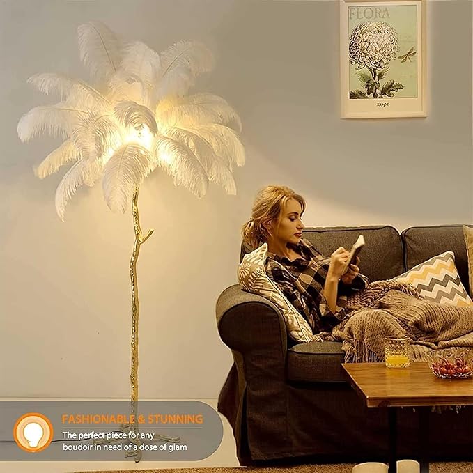 Ostrich Feather Floor Lamp Modern Ostrich Feather LED feather lamp floor Lamp Dimmable Standing feather floor lamp for Living Room Bedroom（White） - LeafyLoom