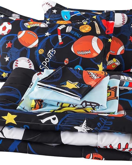 ADASMILE A & S Sports Comforter Set Twin for Boys Kids Bed in A Bag Comforter 6 Piece 3D Soccer Basketball Baseball Football Bedding Set for Kids Football Comforter with Sports Sheet Sets Home Decor - LeafyLoom