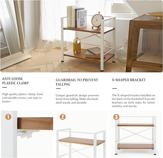 2 Tier White Bookshelf, Real Wood Bookshelf Simply Assembled in 10 Minutes, Metal Book Shelf for Storage, Bookcase for Office Organization and Storage, 12.6 D x 23.62 W x 22.83 H Inches - LeafyLoom