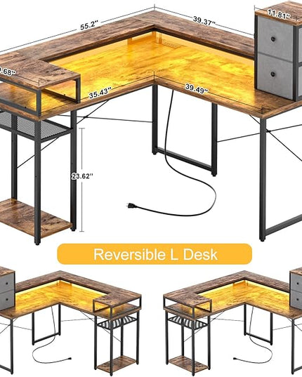 armocity L Shaped Desk with Drawers, Reversible Corner Computer Desk with LED Light & Power Outlet, 55.2'' L-Shaped Gaming Desk with Long Monitor Shelf, Home Office Desk for Small Corner Space, Rustic - LeafyLoom