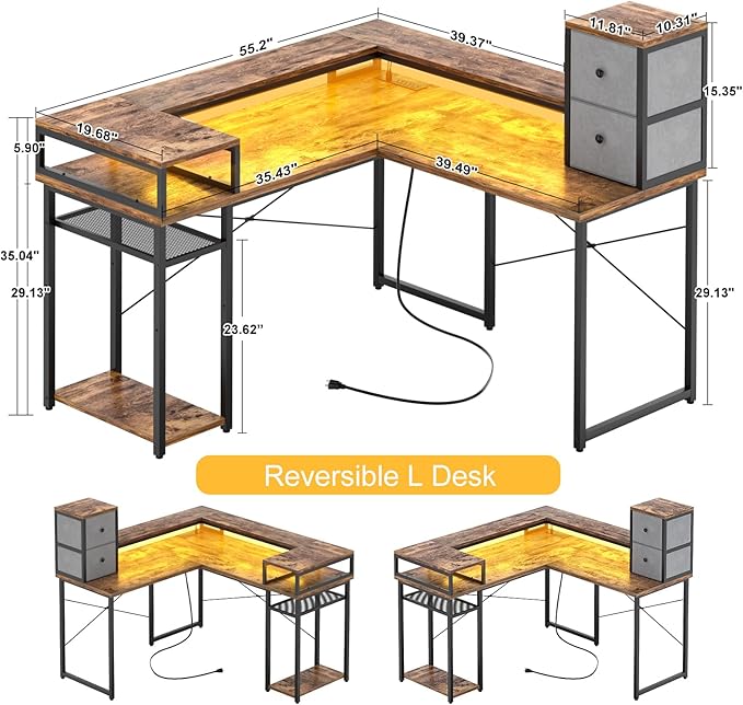 armocity L Shaped Desk with Drawers, Reversible Corner Computer Desk with LED Light & Power Outlet, 55.2'' L-Shaped Gaming Desk with Long Monitor Shelf, Home Office Desk for Small Corner Space, Rustic - LeafyLoom