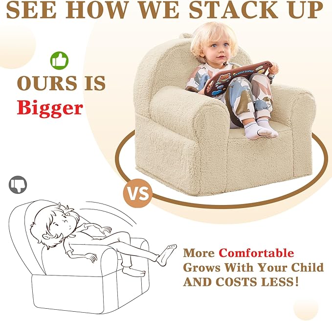 Beige Sherpa Toddler Chair, Soft Kids Plush Chair for Relaxing & Reading, Lightweight Handle Design, Easy to Clean, Removable Cover, Modern Style, 22x20x24 inches, 7.7 pounds - LeafyLoom