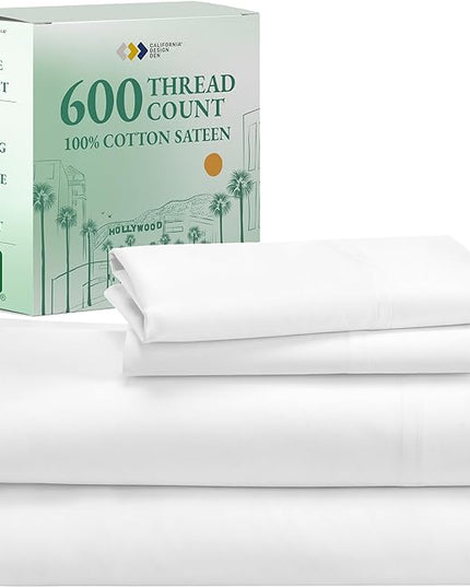 California Design Den King Sheets Cotton, Luxury 600 Thread Count 100% Sateen Bed Sheets Set, Extra Deep Pocket King Sheets, Hotel-Quality Sheets, Better than Egyptian Cotton Sheets, White - LeafyLoom