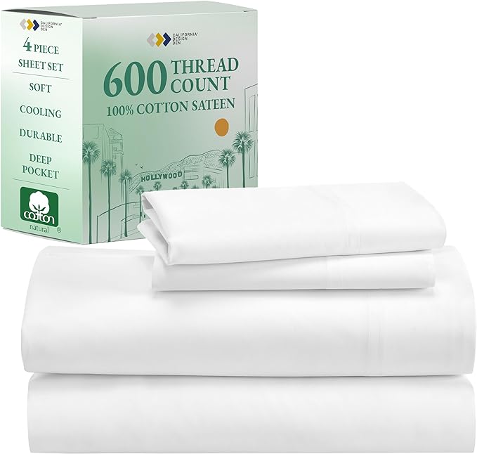 California Design Den King Sheets Cotton, Luxury 600 Thread Count 100% Sateen Bed Sheets Set, Extra Deep Pocket King Sheets, Hotel-Quality Sheets, Better than Egyptian Cotton Sheets, White - LeafyLoom