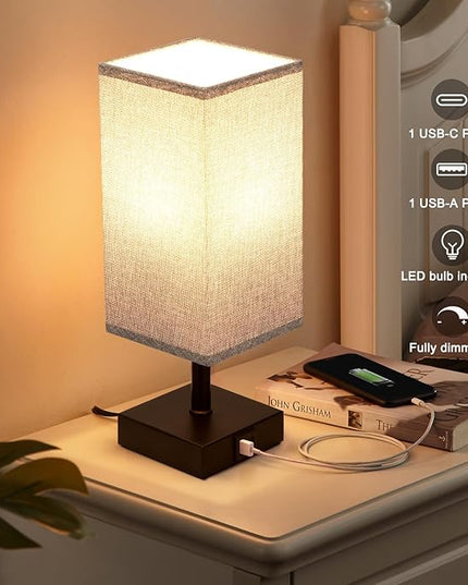 Ambimall Grey Table Lamp with USB Ports - 3 Way Touch Lamps Beside Desk, Nightstand Lamp for Bedrooms Living Room, Grey Shade with Black Base, LED Bulb Included(Grey) - LeafyLoom