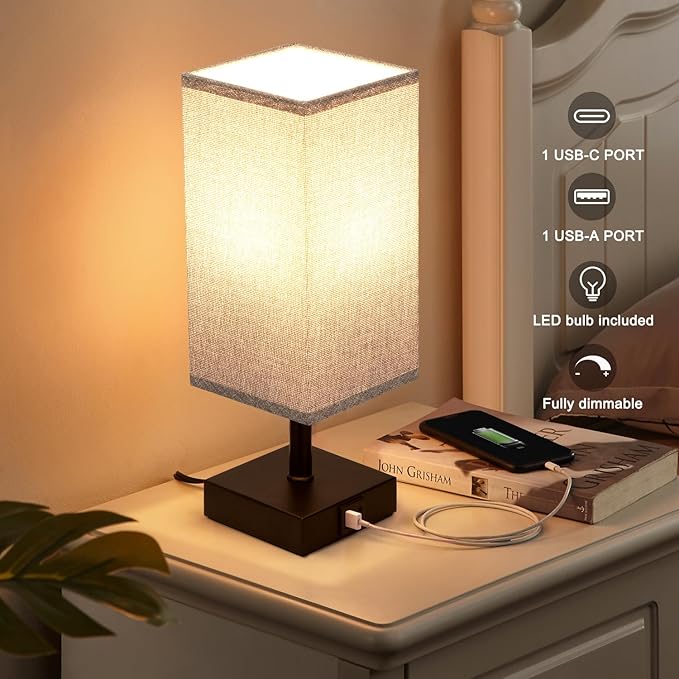 Ambimall Grey Table Lamp with USB Ports - 3 Way Touch Lamps Beside Desk, Nightstand Lamp for Bedrooms Living Room, Grey Shade with Black Base, LED Bulb Included(Grey) - LeafyLoom