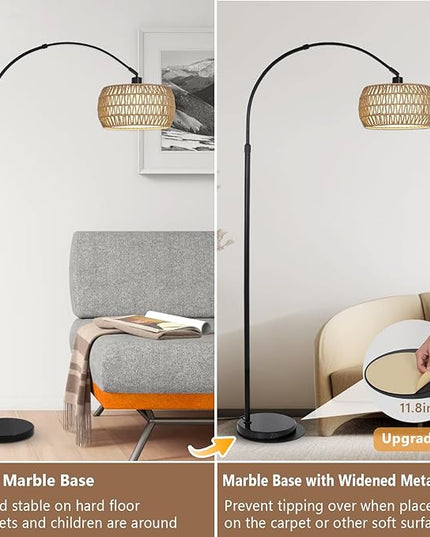 Arc Floor Lamps for Living Room with 3 Color Temperatures, Black Standing Lamp with Remote & Dimmable LED Bulb, Rattan Boho Floor Lamp, Farmhouse Tall Lamp for Bedroom, Over Couch Arched Reading Light - LeafyLoom