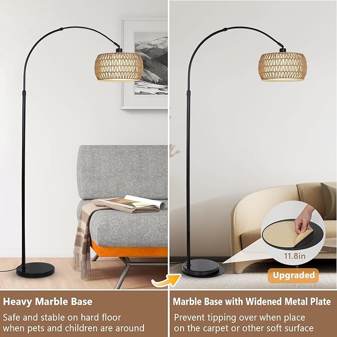 Arc Floor Lamps for Living Room with 3 Color Temperatures, Black Standing Lamp with Remote & Dimmable LED Bulb, Rattan Boho Floor Lamp, Farmhouse Tall Lamp for Bedroom, Over Couch Arched Reading Light - LeafyLoom