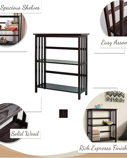 Casual Home Mission Style 3-Shelf Bookcase, Espresso - LeafyLoom