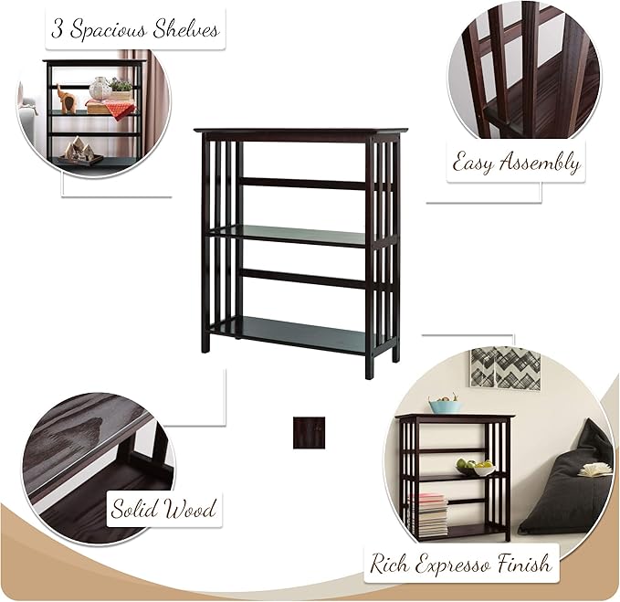 Casual Home Mission Style 3-Shelf Bookcase, Espresso - LeafyLoom