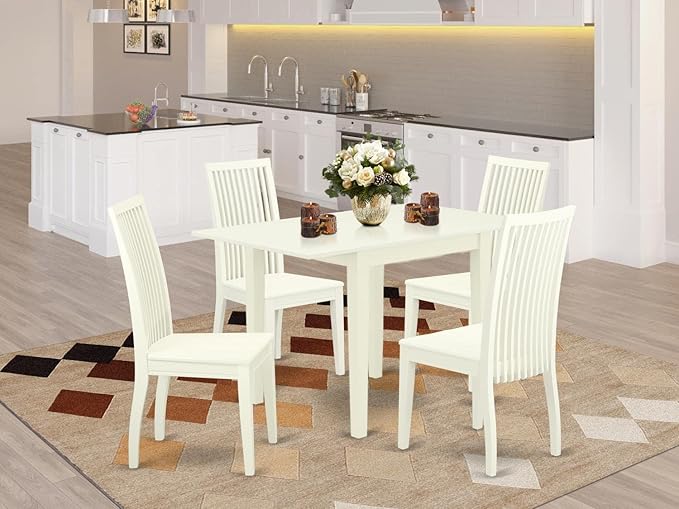 East West Furniture NDIP5-LWH-W Norden 5 Piece Room Set Includes a Rectangle Dining Table with Dropleaf and 4 Wood Seat Chairs, 30x48 Inch, Linen White - LeafyLoom