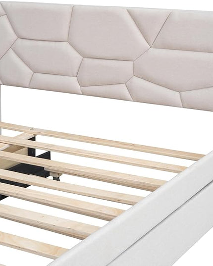 Full Size Linen Upholstered Platform Bed with Twin Size Trundle and 2 Drawers,Bedroom Bed Frame w/Brick Pattern Headboard,Wooden Slats Supproted,for Teens Kids Adults,Beige - LeafyLoom