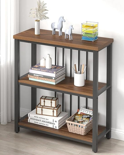 FOLUBAN Bookshelf, Small Modern 3 Tier Bookcase, Wood and Metal Standing Storage Book Shelves for Living Room, Office, Bedroom (Rustic Walnut) - LeafyLoom