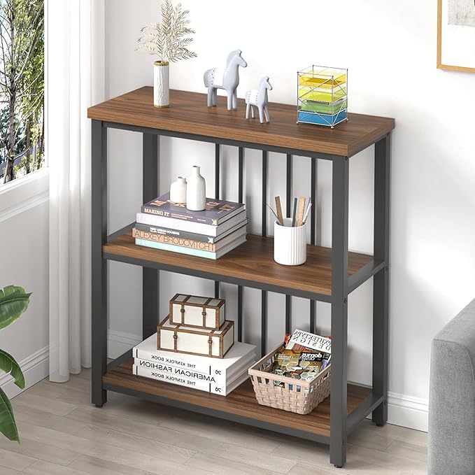 FOLUBAN Bookshelf, Small Modern 3 Tier Bookcase, Wood and Metal Standing Storage Book Shelves for Living Room, Office, Bedroom (Rustic Walnut) - LeafyLoom