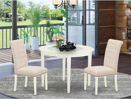 East West Furniture BOBR3-WHI-02 3 Piece Modern Dining Table Set Contains a Round Kitchen Table and 2 Light Beige Linen Fabric Parson Dining Room Chairs, 42x42 Inch, Linen White - LeafyLoom
