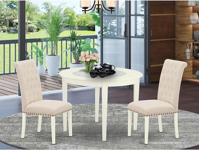 East West Furniture BOBR3-WHI-02 3 Piece Modern Dining Table Set Contains a Round Kitchen Table and 2 Light Beige Linen Fabric Parson Dining Room Chairs, 42x42 Inch, Linen White - LeafyLoom