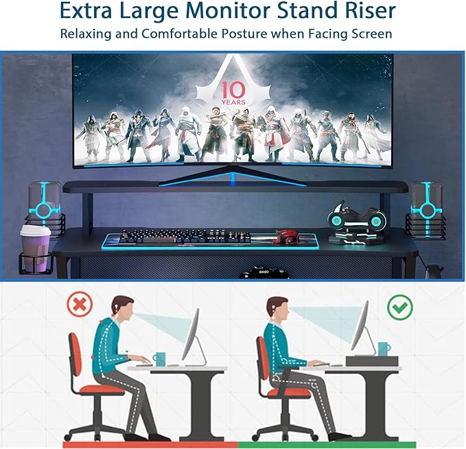 Gaming Desk, Computer Desk with Large Monitor Stand and Open Shelf,Gamer Table Workstation with Cup Holder, Headphone Hook, 2 Speaker Stand for Home Office (Black Carbon Fiber) - LeafyLoom