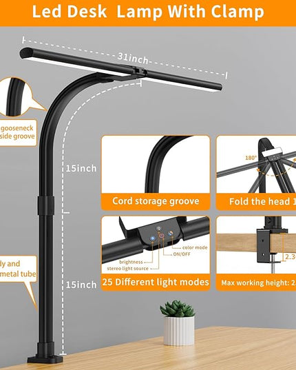 LED Desk Lamp for Home Office - 24W Bright Double Head Desk Light with Clamp Eye Caring Architect Task light 25 Lighting Modes Adjustable Flexible Gooseneck Lamp for Workbench Drafting Study - LeafyLoom
