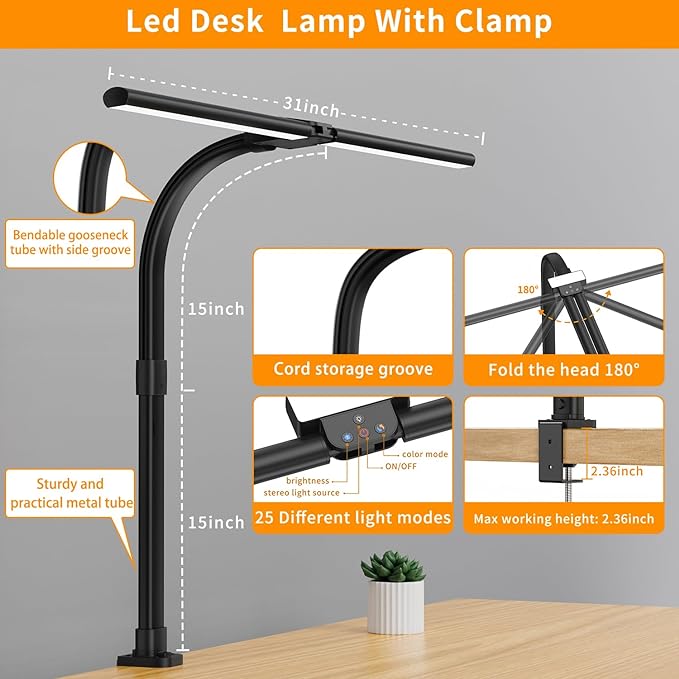 LED Desk Lamp for Home Office - 24W Bright Double Head Desk Light with Clamp Eye Caring Architect Task light 25 Lighting Modes Adjustable Flexible Gooseneck Lamp for Workbench Drafting Study - LeafyLoom