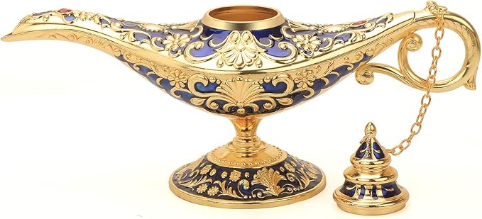 Classic Aladding Magic Genie Lamp Legend Wishing Light Costume Lamp Metal Carved Cone Incense Burner for Home Tabletop Decoration Party Birthday Halloween Christmas (Navy Blue) - LeafyLoom