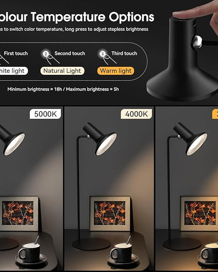 LED Cordless Desk Lamp,2600mAh RechargeableTable Lamp with USB Port,Metal Material,Versatile/3 Color Temperatures/360° Rotation/Memory Function,Reading Light for Office Home Bedside(Black) - LeafyLoom