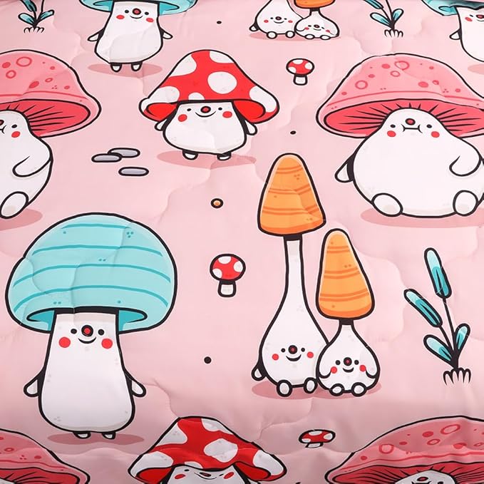 Wajade Kids Cute Mushroom Comforter Set Bed in A Bag Full Size 7 Piece Pink Cartoon Mushroom Head Bedding Set for Girls (1 Comforter, 1 Flat Sheet, 1 Fitted Sheet, 2 Pillowcase and 2 Pillow Sham) - LeafyLoom