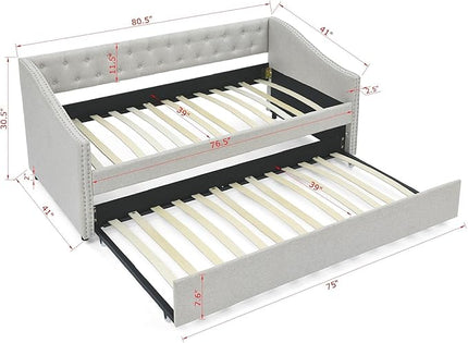 Twin Size Upholstered Daybed with Trundle,Button Tufted Sofa Bed with Nailhead Trim for Bedroom,Livingroom,Guest Room,Beige (80.5"x41"x30.5") - LeafyLoom