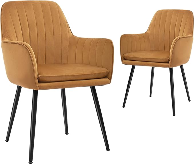 CangLong Furniture Modern Living Dining Room Accent Arm Chairs Club Guest Metal, Set of 2, Brown+Black Legs - LeafyLoom