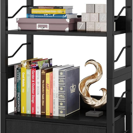 Small Bookshelf with Drawer: 4-Tier Wood Book Shelf Industrial Narrow Bookcase Storage Organizer Metal Stackable Shelves for Desktop Bedroom Living Room Home Office (Black) - LeafyLoom