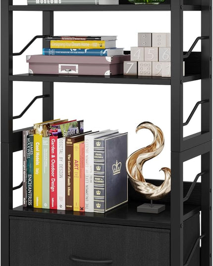 Small Bookshelf with Drawer: 4-Tier Wood Book Shelf Industrial Narrow Bookcase Storage Organizer Metal Stackable Shelves for Desktop Bedroom Living Room Home Office (Black) - LeafyLoom