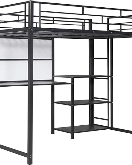 RITSU Full Size Loft Bed, Heavy Duty Metal Bunk Bedframe with Desk and Whiteboard, Safety Guardrail Fence & Ladder, 3 Big Storage Shelves, for Kids, Teens, Black - LeafyLoom