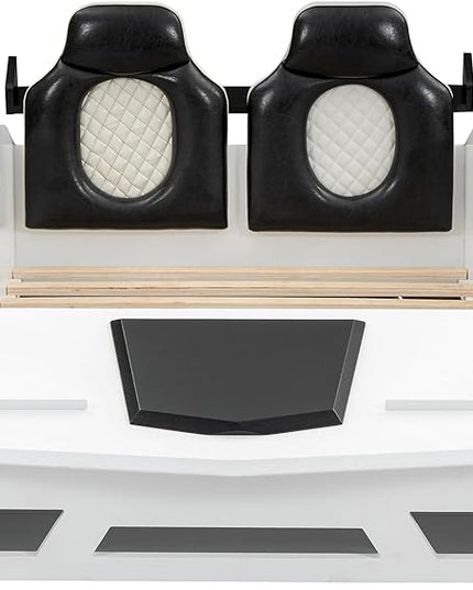 Twin Race Car-Shaped Bed with Storage Space & Upholstered Backrest,Wood Bedframe W/Safety Guardrail,Slats Support,No Box Spring Required,Fun Play for Boys Kids Toddlers Child's Bedroom,White - LeafyLoom